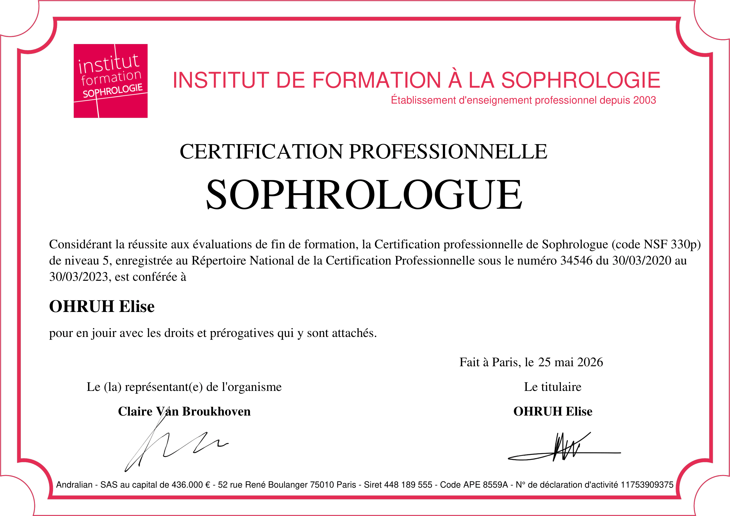 Diplôme Sophrologue